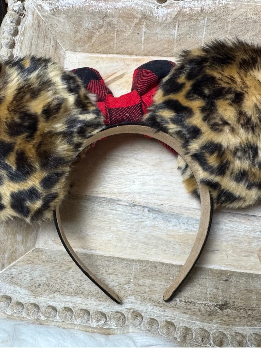 Faux Fur Leopard mouse Ears Headband with Red flannel Buffalo Plaid Bow